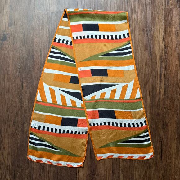 Vintage 100% Silk Scarf Abstract Print Orange Green Black Made in Japan - Picture 1 of 6